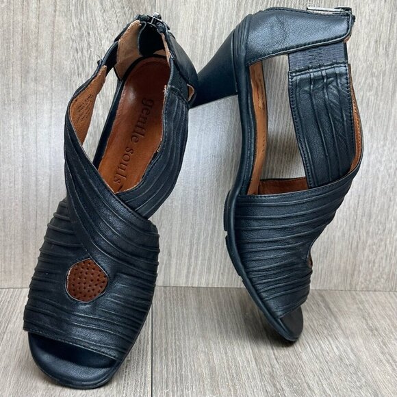 Gentle Souls Sandals Women Sz 6.5M Osaka Rama Cross Strap Leather Zip Heel Black - Picture 7 of 10